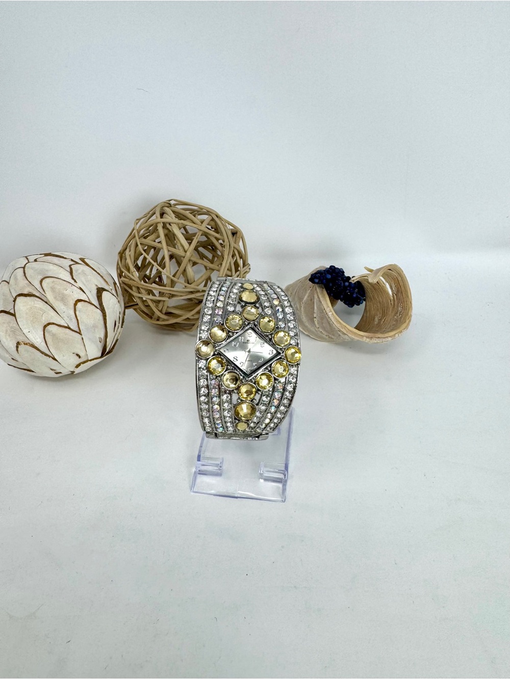 Denacci Silver Rhinestone Watch with Yellow & Clear Stones - New Battery